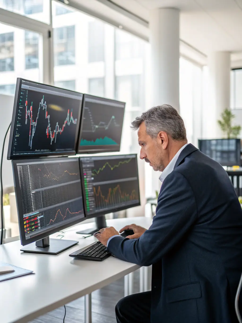 A person analyzing investment portfolios on a computer screen, showcasing Zhao Consulting's strategic investment advice.